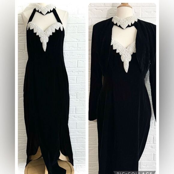 VINTAGE Dave & Johnny Black Velvet Beaded Collar Dress with Jacket Size 10 - Picture 1 of 15